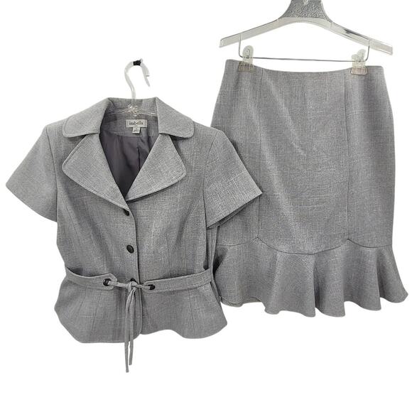 Isabella Suits Vintage Belted 3 Button Short Sleeve Ruffled‎ Trim Midi Skirt Set - Picture 1 of 16